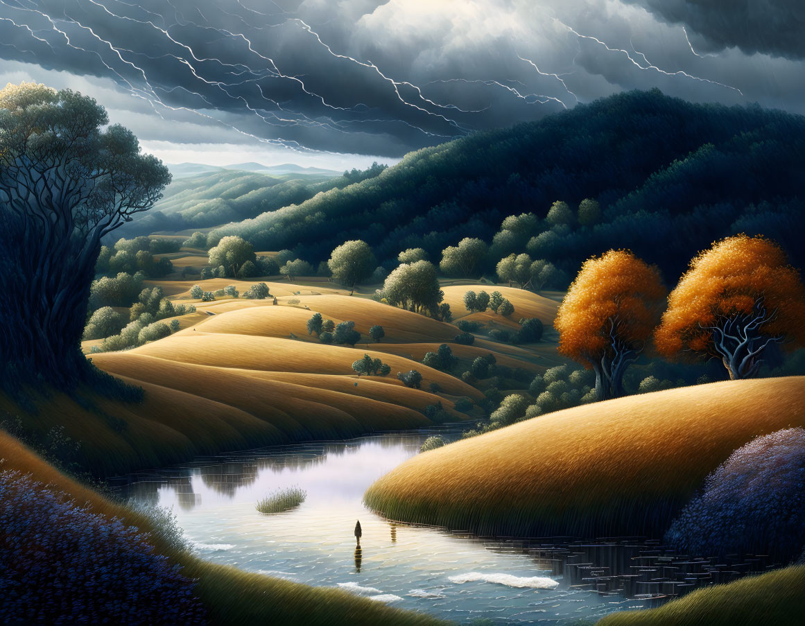 Landscape painting: Figure by calm lake, golden hills, storm clouds.