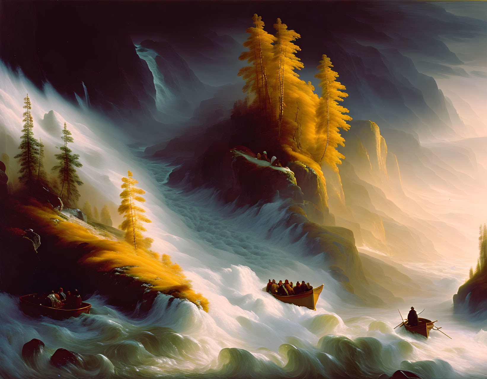 Majestic landscape: turbulent river, boats, radiant trees, rocky outcrops, misty