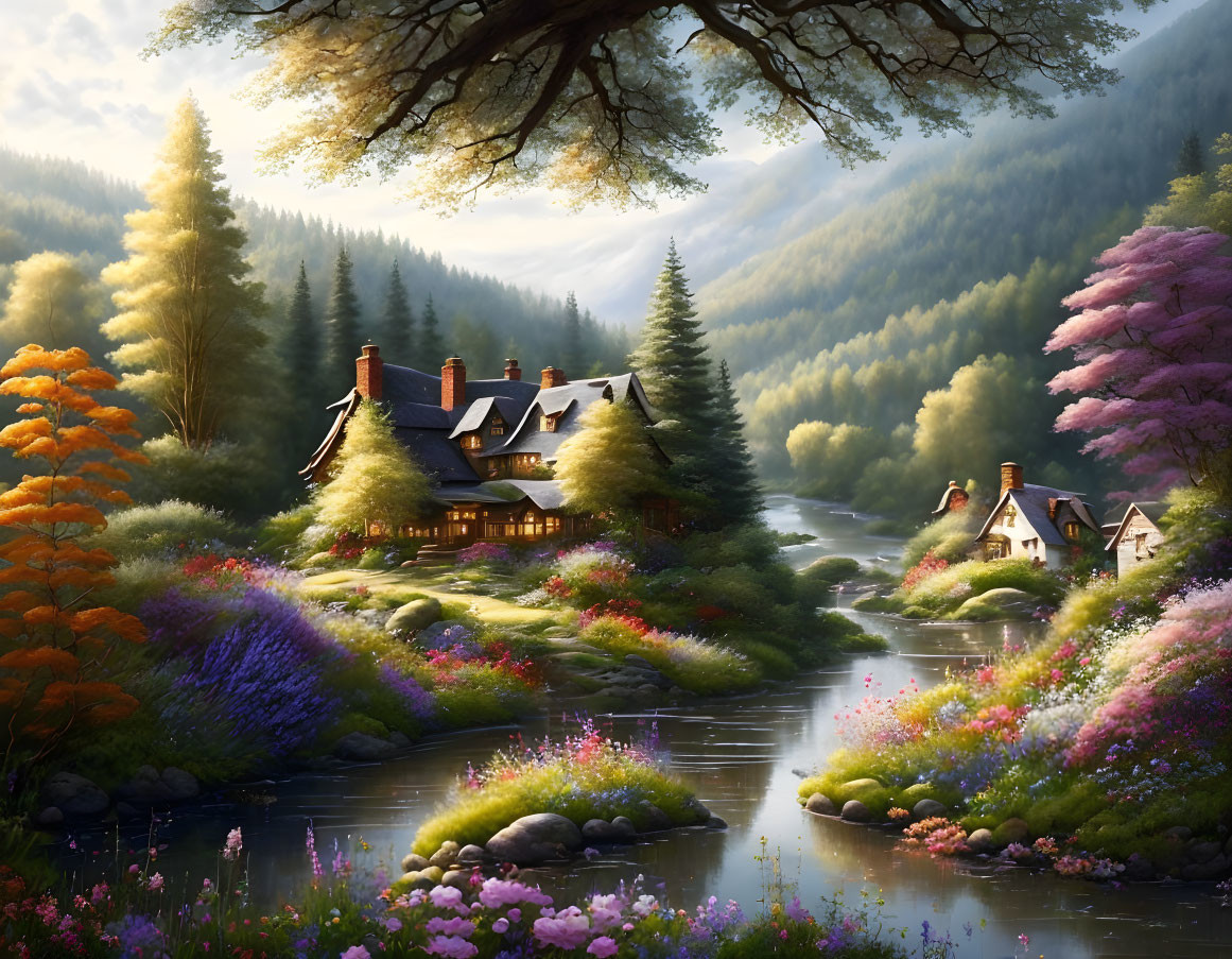 Tranquil village scene by gentle river and lush forests