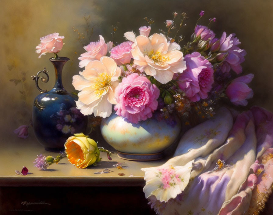 Vibrant bouquet of flowers in round vase with scattered petals on table