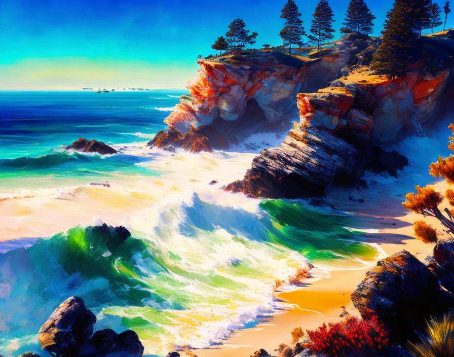 Colorful Seascape: Waves on Rocky Shoreline under Blue Sky