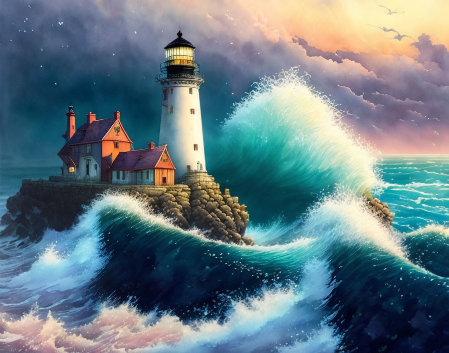 Dramatic lighthouse scene with crashing waves and stormy sky