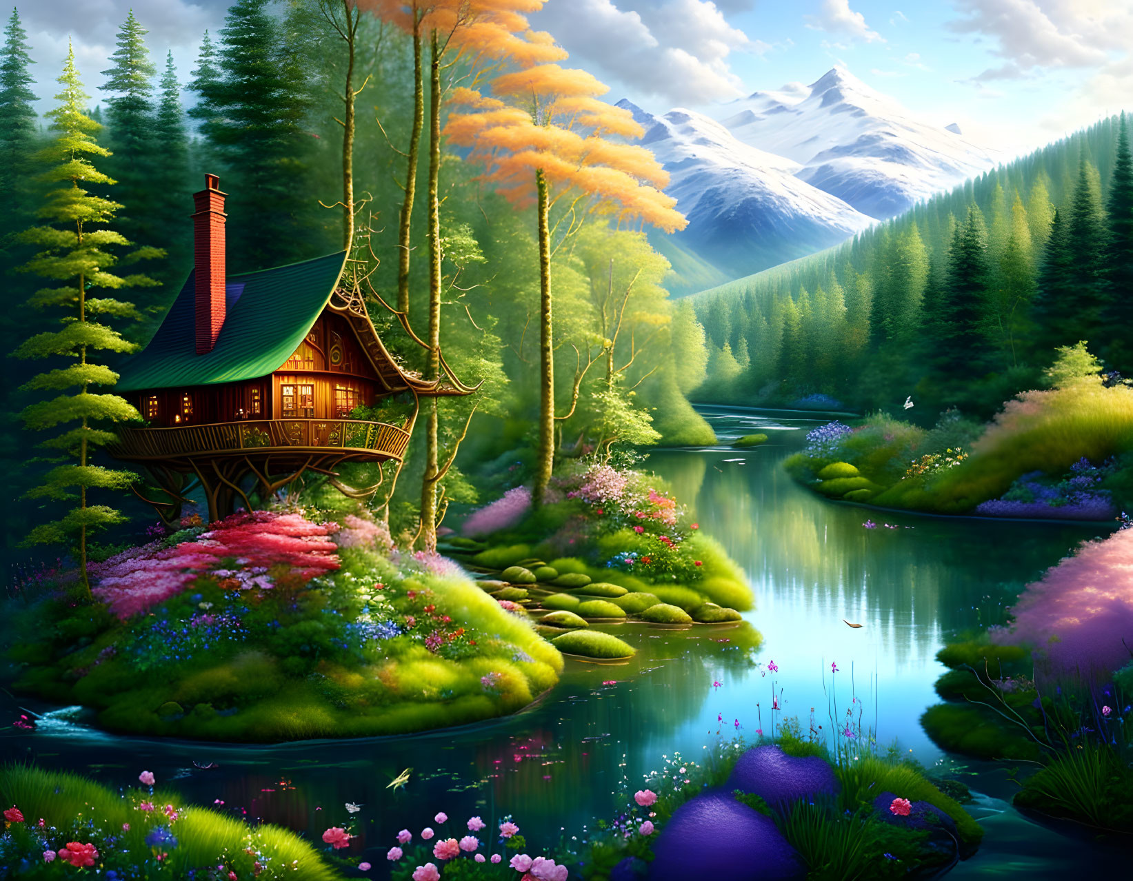 Scenic Cottage Surrounded by Lake, Mountains, and Flora