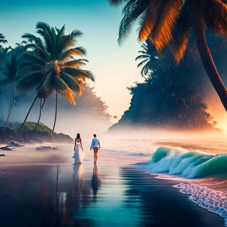 Beach sunset scene with two individuals, waves, and palm trees