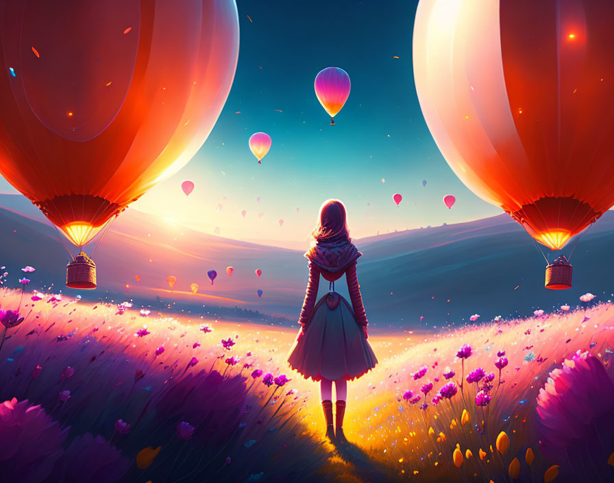 Person in vibrant flower field at sunset with hot air balloons in sky