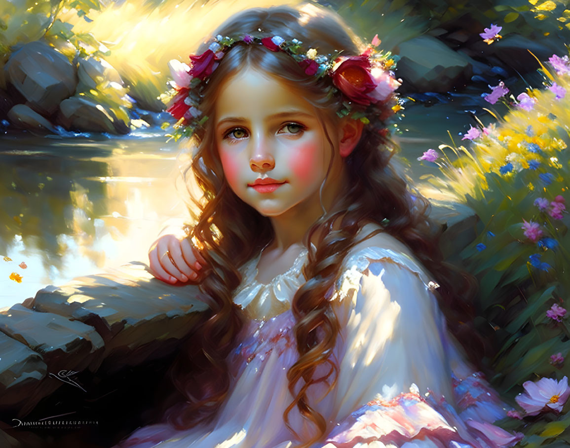 Young girl with floral wreath by sunlit stream surrounded by greenery and flowers