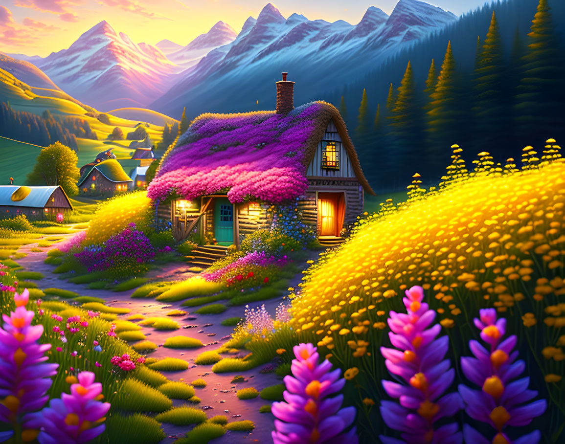 Charming cottage with purple roof in yellow meadows and mountain sunset