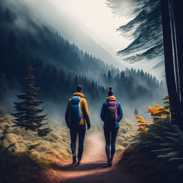 Hikers walking on forest path in misty mountains under sunlight rays