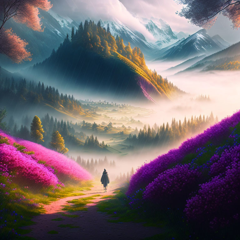 Vibrant valley with pink and purple flowers, misty mountains, and sunbeams