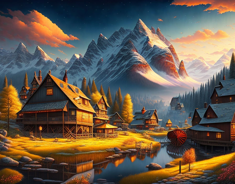 Scenic Alpine village at sunset with traditional houses, watermill, river, autumnal trees, and