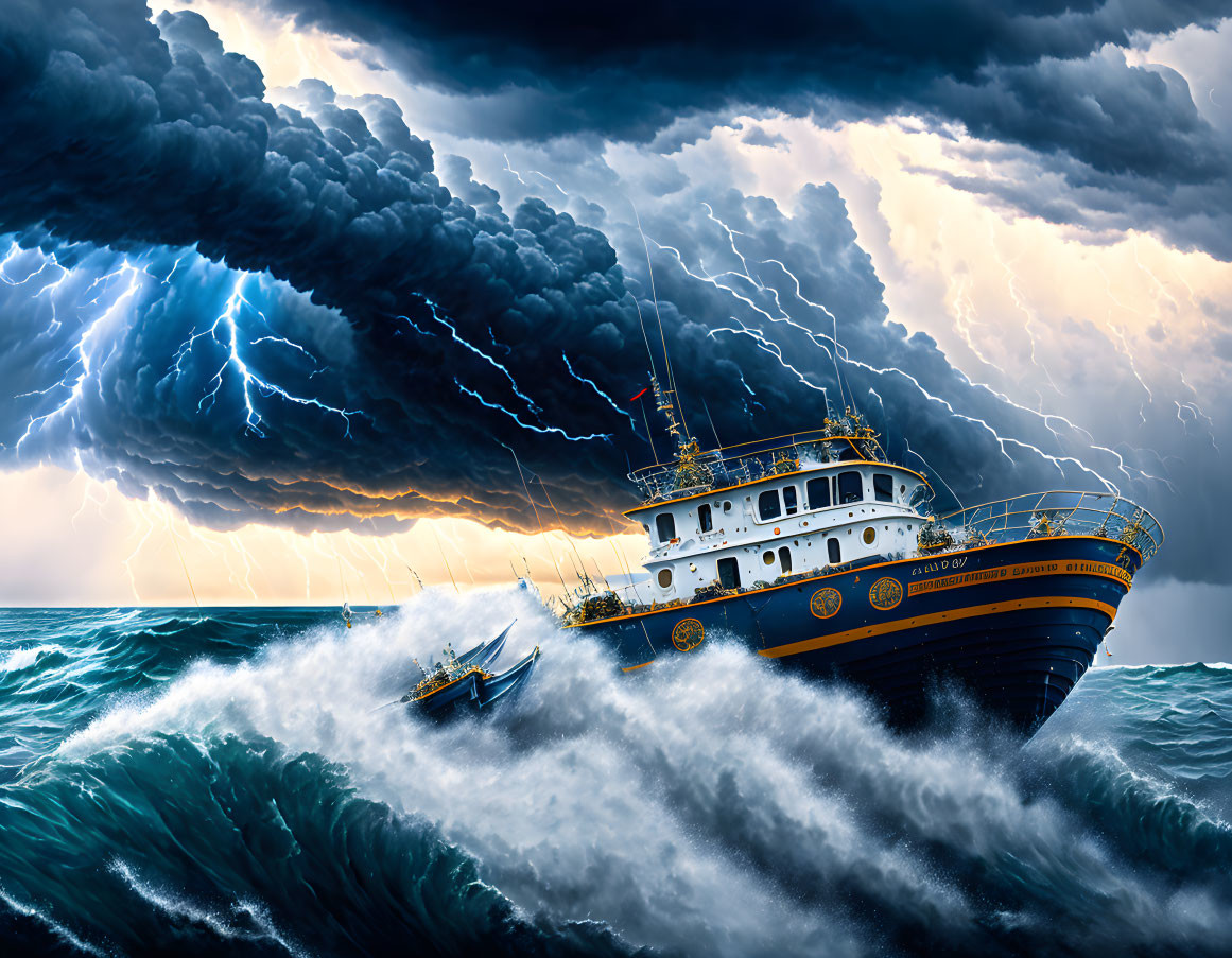 Stormy sky with lightning over boat battling towering waves