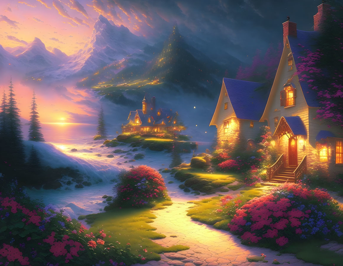 Charming cottage by river at sunset with mountains, lush flora, and illuminated pathway