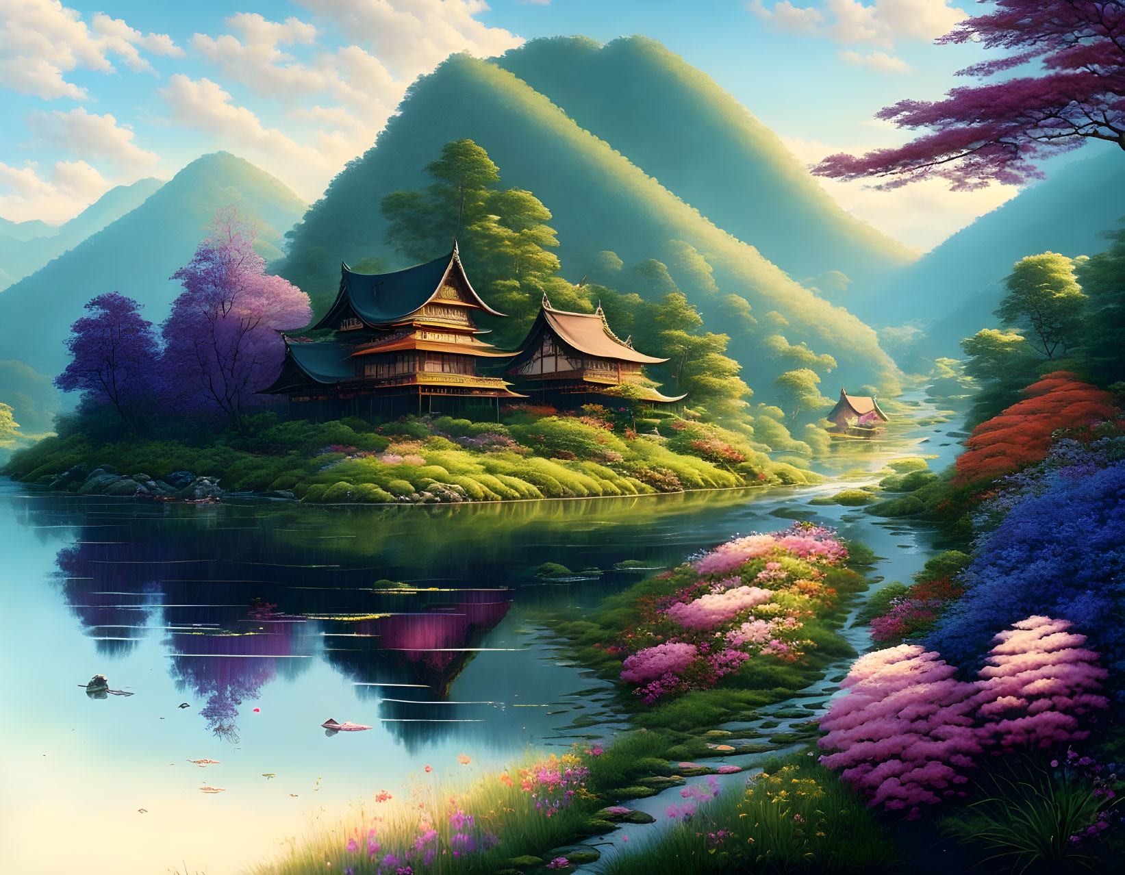 Tranquil Asian landscape with architecture, flora, lake, and mountains