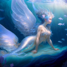 Mermaid with Luminescent Tail Among Fish and Coral Reef