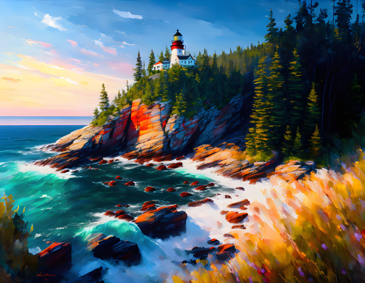 Coastal scene painting: lighthouse on cliff, dense woods, rocky shore.