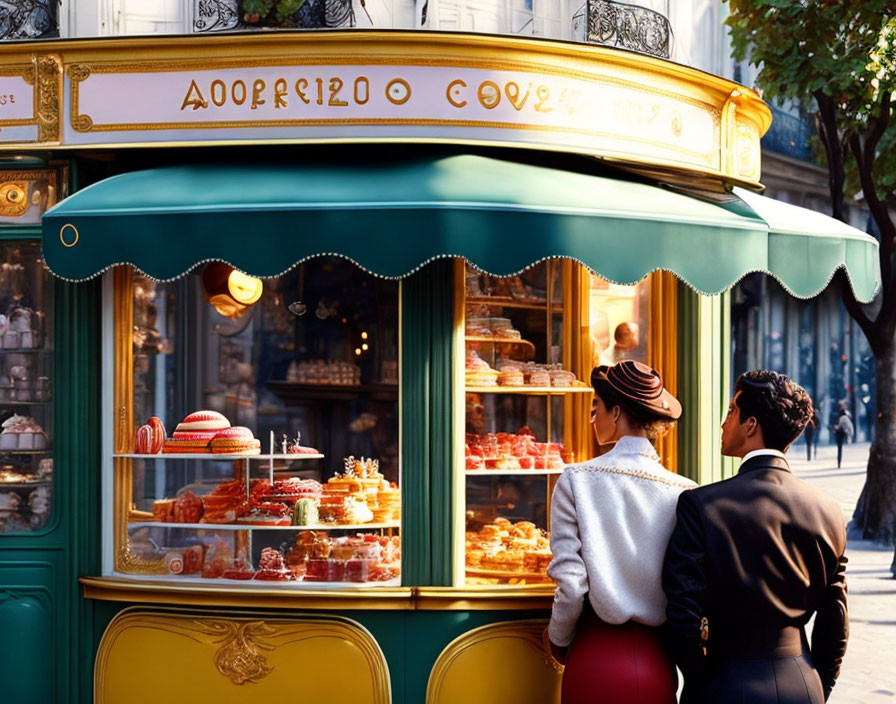 Two individuals at pastry shop with green and gold facade admiring colorful desserts.