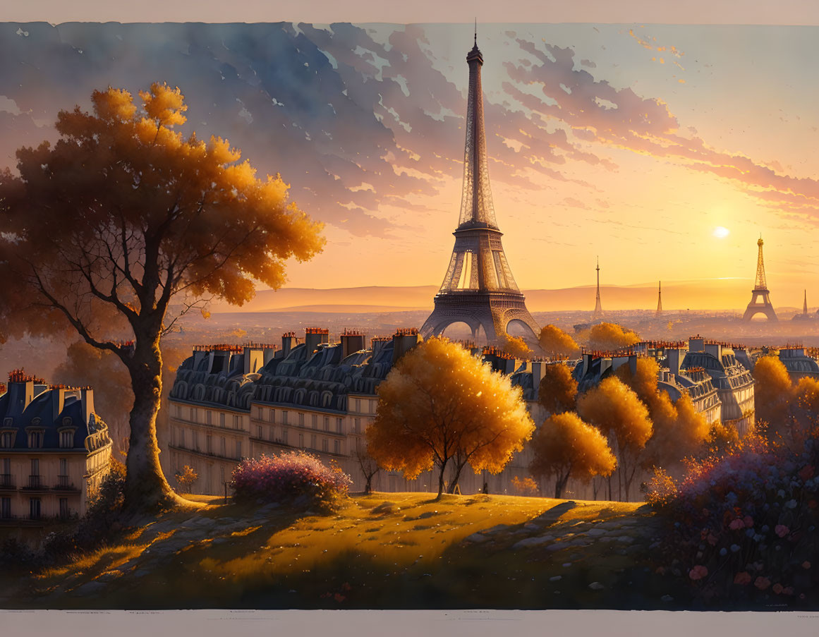 Paris Sunset: Eiffel Tower, Autumn Trees & Historic Buildings