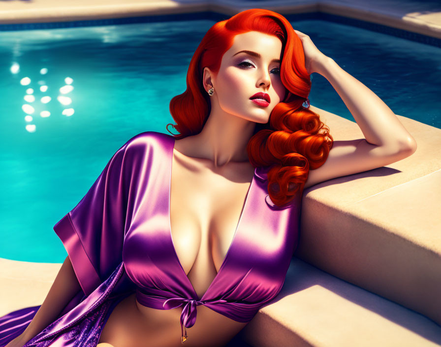 Illustration of woman with red hair by pool in purple robe