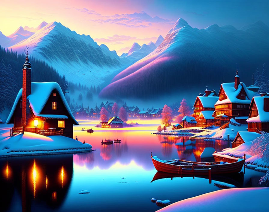 Snowy village near lake at twilight with mountains and boat