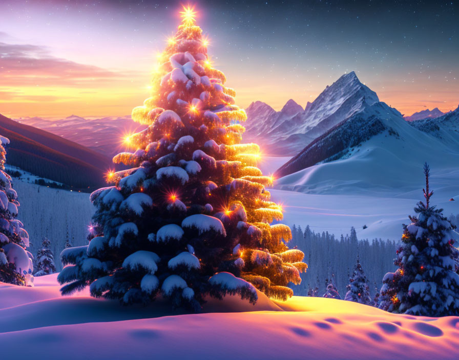 Snowy landscape with illuminated Christmas tree and mountains at twilight