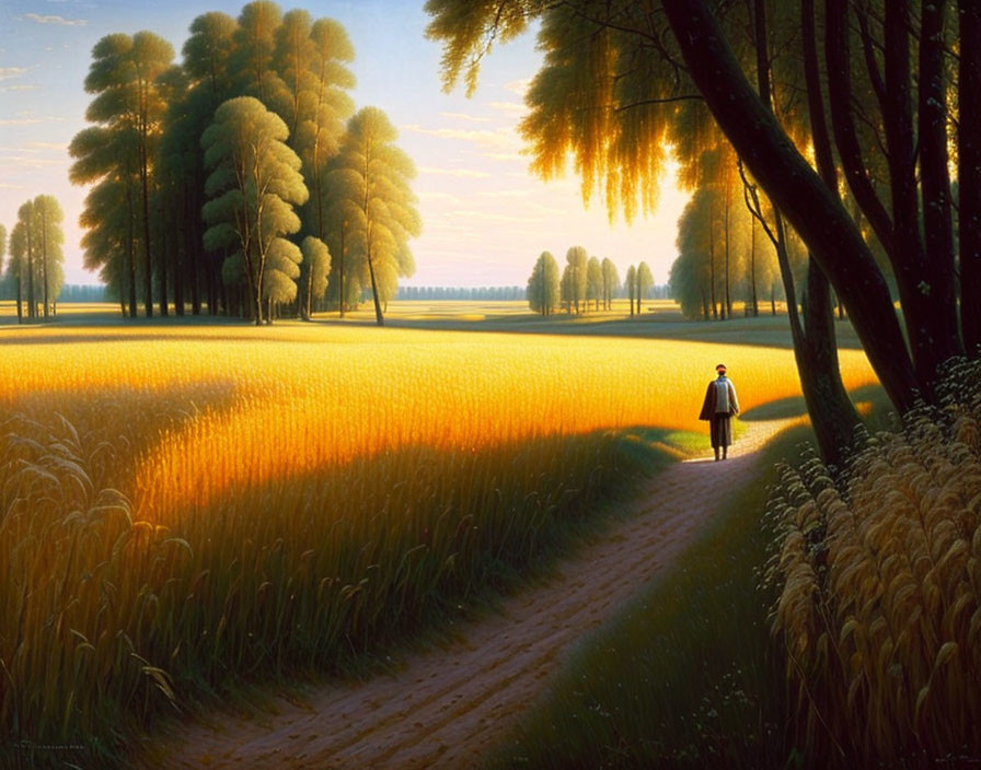 Tranquil person standing in golden wheat field at sunset