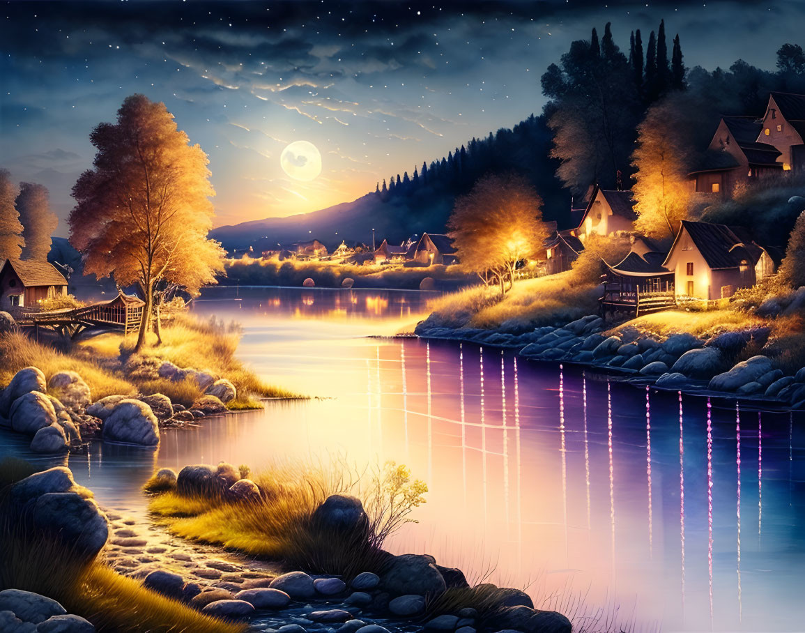 Moonlit lake with illuminated houses reflecting on water