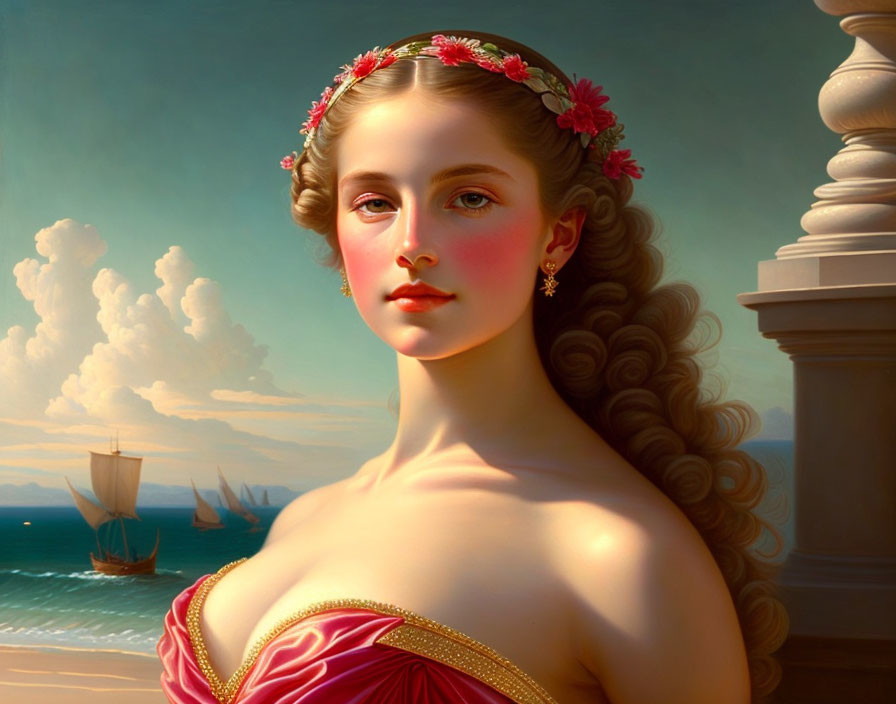 Classical portrait of woman with flower crown in red dress and sailing ships backdrop