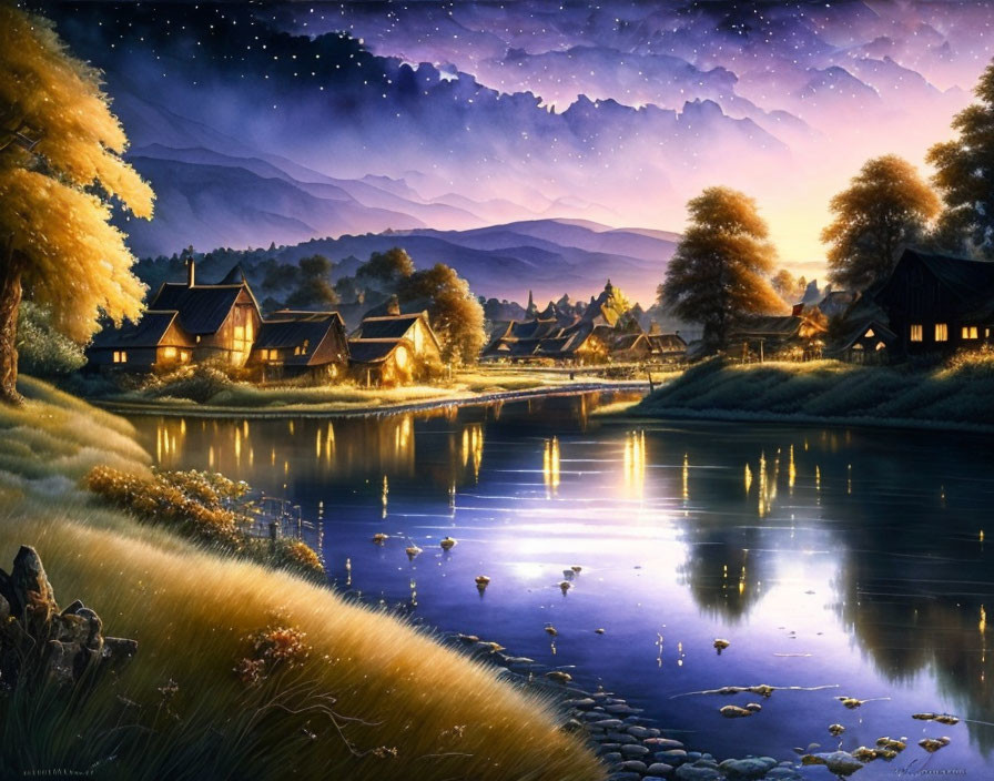 Tranquil twilight riverside scene with illuminated cottages and starlit sky