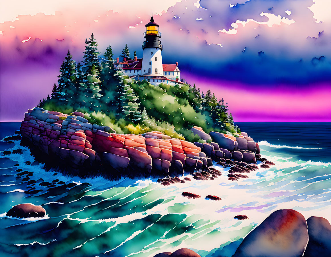 Lighthouse on rocky island with pine trees under purple sunset sky