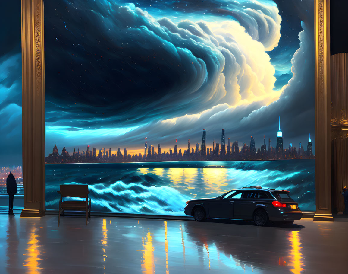 Reflective floor in grand room with futuristic city skyline, storm clouds, crashing waves, and parked car