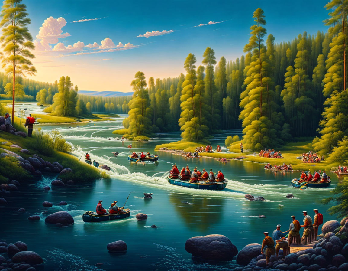 Rafting on River with Sunset Sky and Forest Scenery