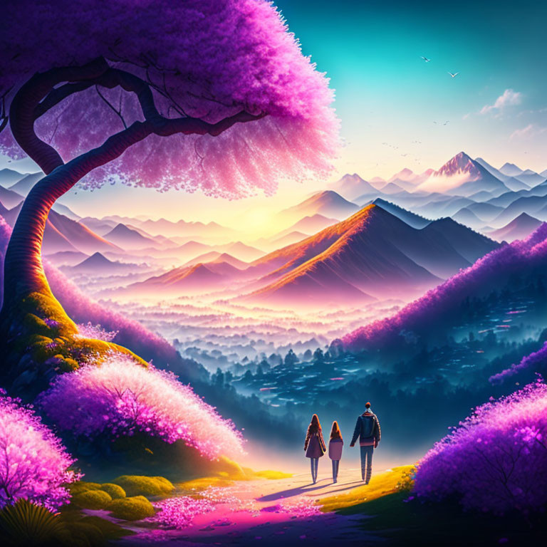 Romantic couple walks under vibrant pink tree canopy in picturesque landscape