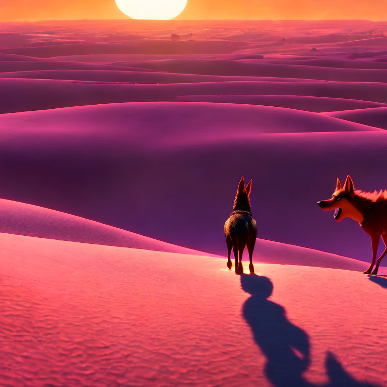 Stylized foxes in surreal purple desert at sunset