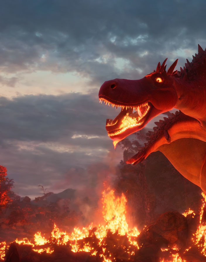 Red Dragon Breathing Fire in Dramatic Landscape