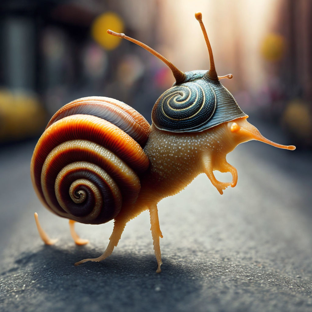 Colorful snail with oversized multicolored eye shells in urban setting