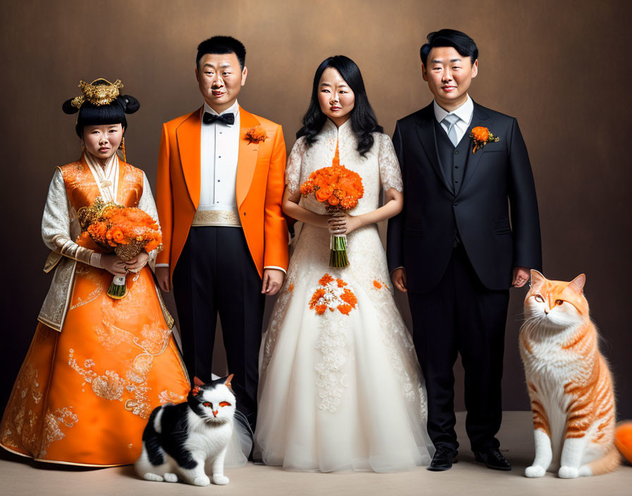 Wedding portrait with couple, attendants, cats, and orange flowers on brown backdrop