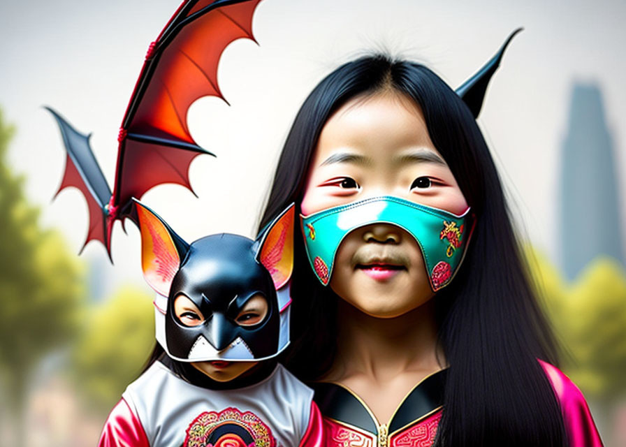 Children in colorful mask and bat-winged superhero costume pose in urban setting