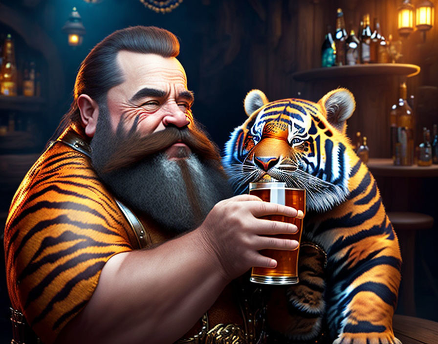 Bearded dwarf with beer and tiger in cozy tavern setting