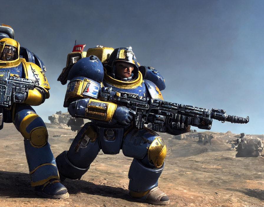 Futuristic blue and yellow armored space marines with weapons on barren landscape