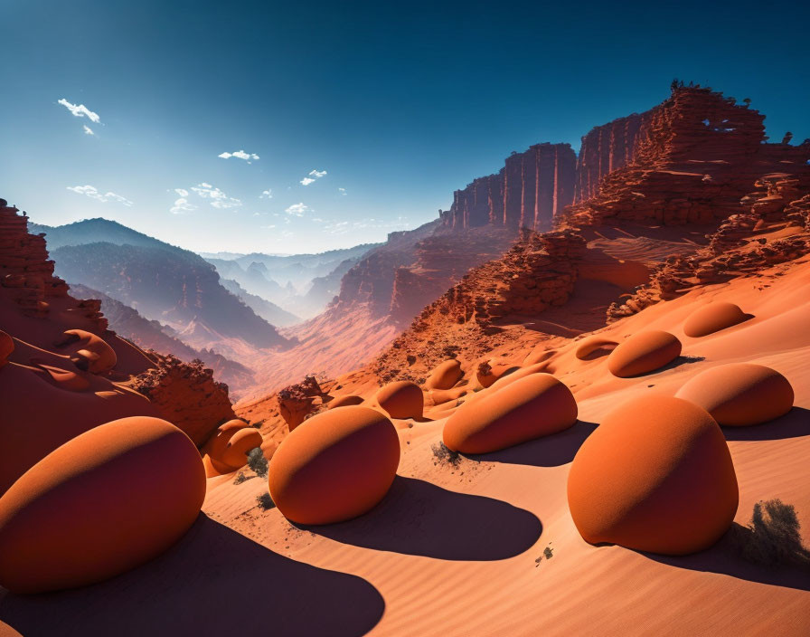 Scenic red desert landscape with egg-shaped rocks and rugged cliffs