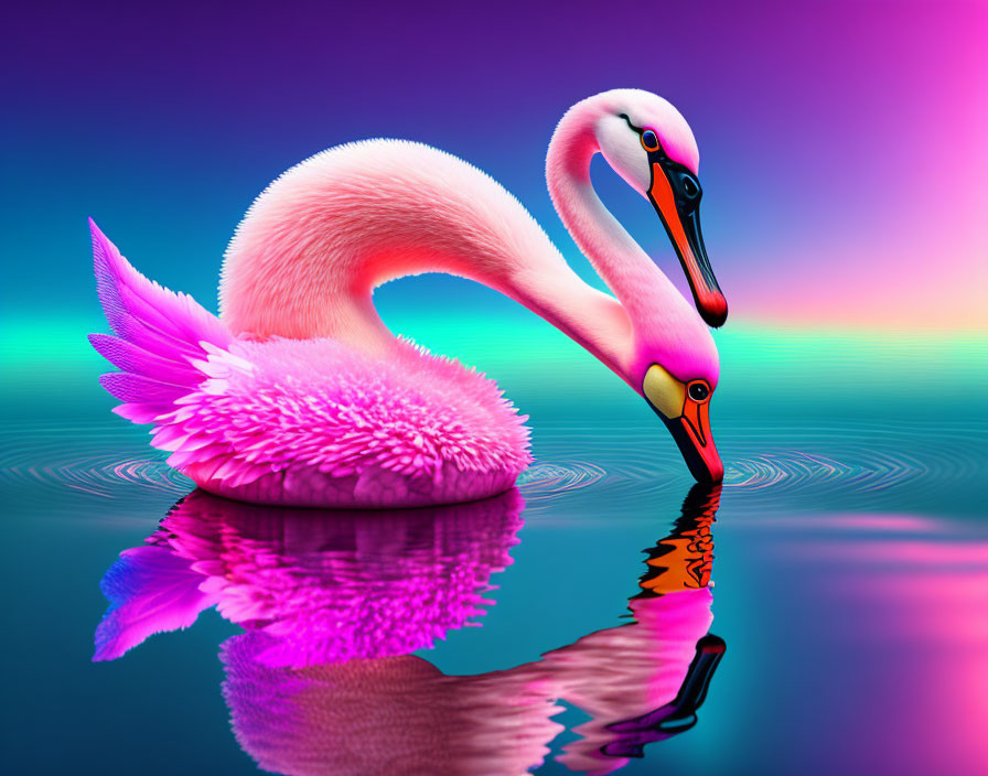 Vibrant pink flamingos on purple and pink gradient water surface