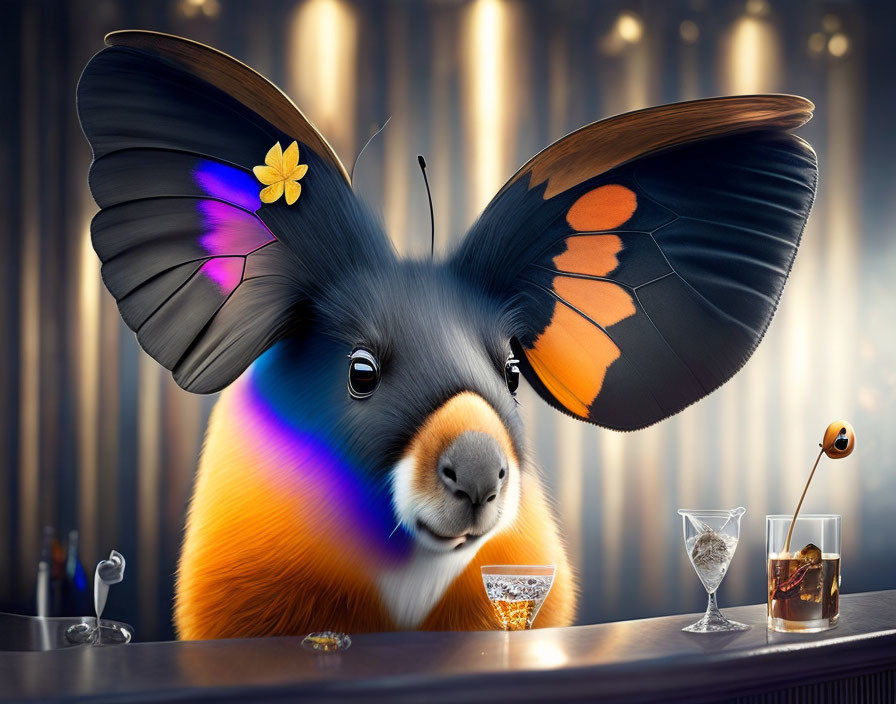 Whimsical creature with rabbit head and butterfly wings at bar