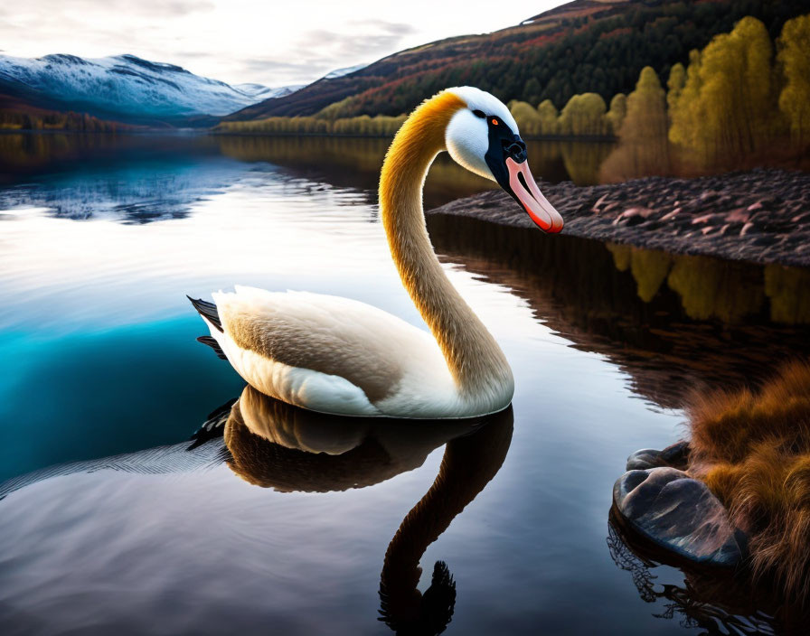 Majestic swan on tranquil lake with autumn trees and snow-capped mountains