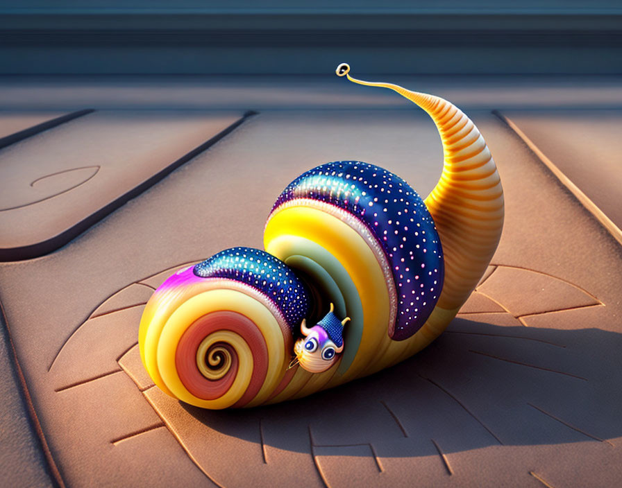 Colorful animated snail with starry shell on wooden surface in warm lighting