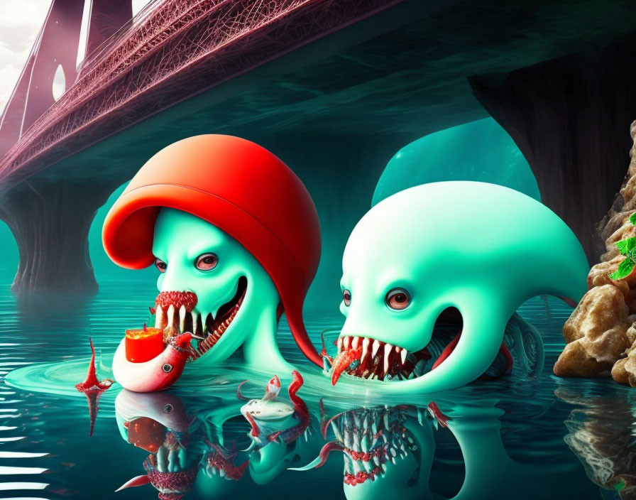 Colorful Cartoon Sea Creatures with Sharp Teeth and Bucket Hat Under Bridge