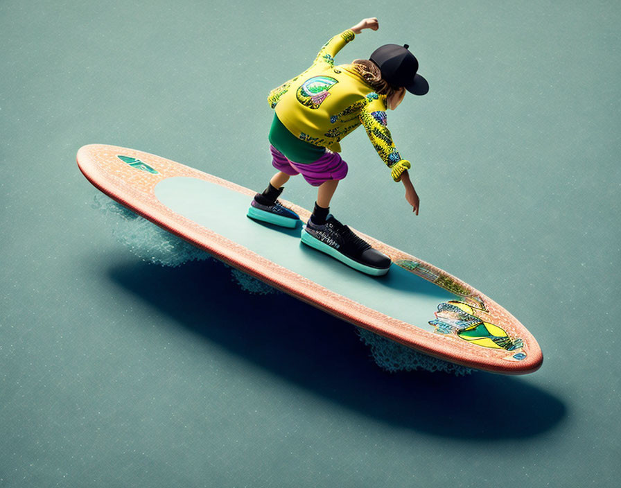 Child in Yellow Shirt Balances on Large Surfboard Illustration