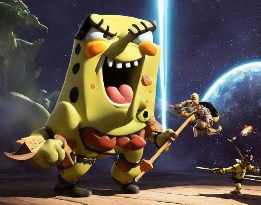 Animated SpongeBob with spear in cosmic combat scene