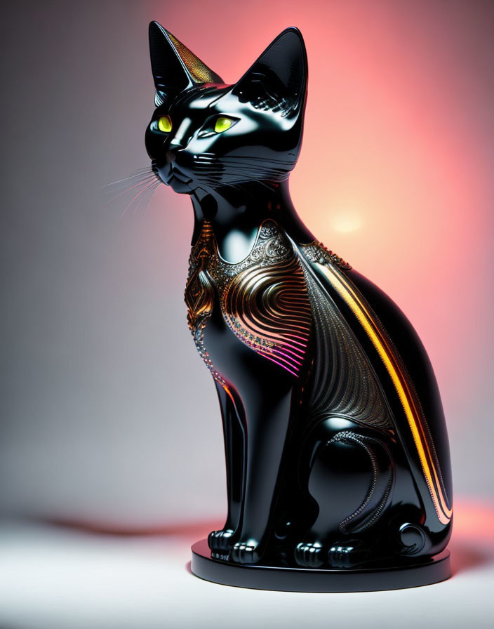 Black Cat Figurine with Gold Detailing and Red Light Glow