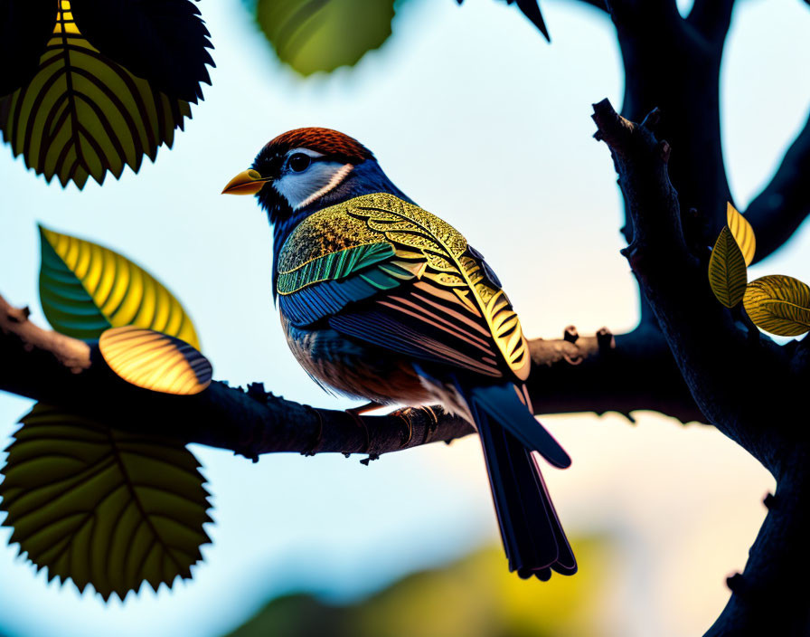 Colorful stylized bird on branch with decorative leaves against blue sky.