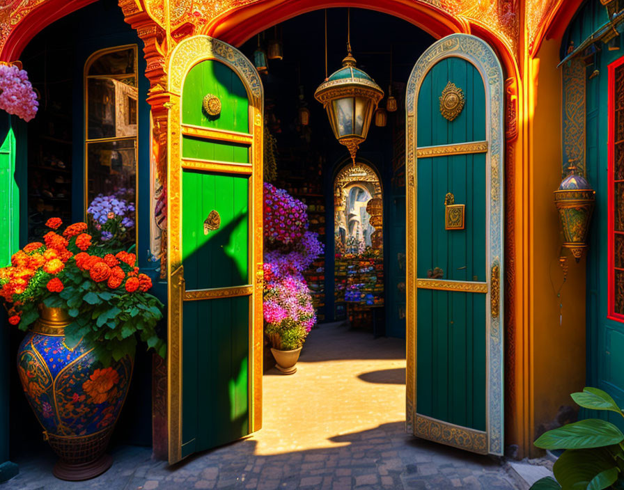 Colorful floral arrangements and lanterns at vibrant flower shop entrance